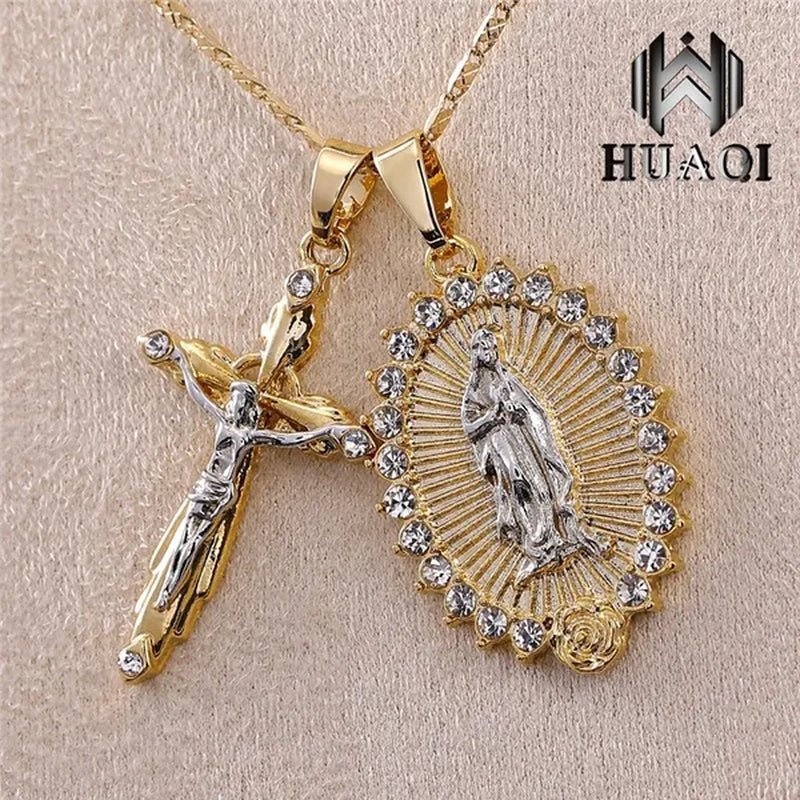 New Fashion18k Gold Plated Setting CZ Diamond Virgin Mary Necklace + Cross Necklace INRI Crucifix Jesus Piece Pendant Women Jewelry Christmas Gifts - WORLD TIME VISITS