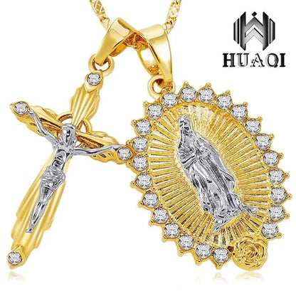 New Fashion18k Gold Plated Setting CZ Diamond Virgin Mary Necklace + Cross Necklace INRI Crucifix Jesus Piece Pendant Women Jewelry Christmas Gifts - WORLD TIME VISITS