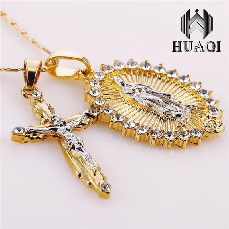 New Fashion18k Gold Plated Setting CZ Diamond Virgin Mary Necklace + Cross Necklace INRI Crucifix Jesus Piece Pendant Women Jewelry Christmas Gifts - WORLD TIME VISITS
