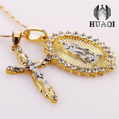 New Fashion18k Gold Plated Setting CZ Diamond Virgin Mary Necklace + Cross Necklace INRI Crucifix Jesus Piece Pendant Women Jewelry Christmas Gifts - WORLD TIME VISITS