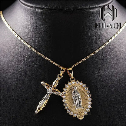 New Fashion18k Gold Plated Setting CZ Diamond Virgin Mary Necklace + Cross Necklace INRI Crucifix Jesus Piece Pendant Women Jewelry Christmas Gifts - WORLD TIME VISITS