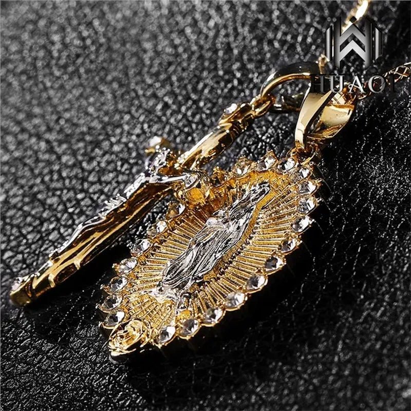 New Fashion18k Gold Plated Setting CZ Diamond Virgin Mary Necklace + Cross Necklace INRI Crucifix Jesus Piece Pendant Women Jewelry Christmas Gifts - WORLD TIME VISITS