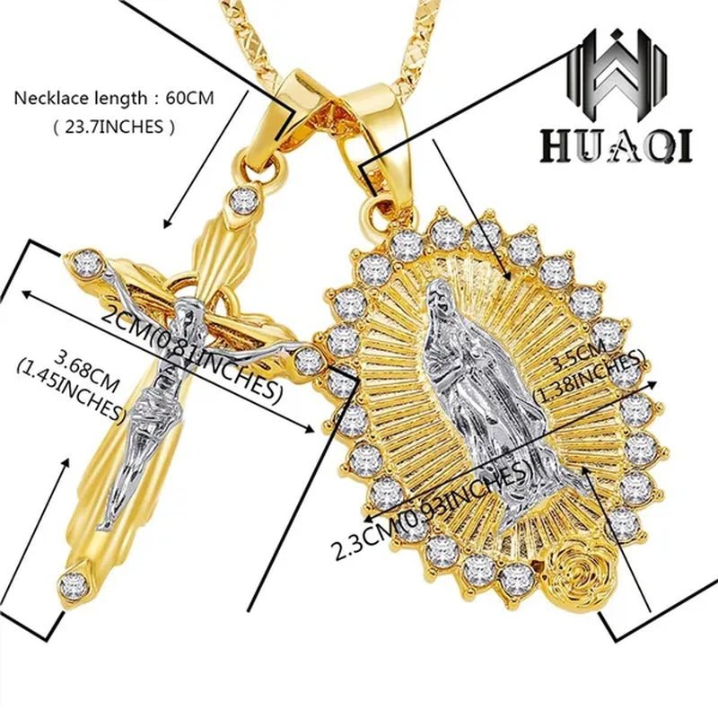 New Fashion18k Gold Plated Setting CZ Diamond Virgin Mary Necklace + Cross Necklace INRI Crucifix Jesus Piece Pendant Women Jewelry Christmas Gifts - WORLD TIME VISITS