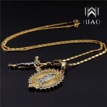 New Fashion18k Gold Plated Setting CZ Diamond Virgin Mary Necklace + Cross Necklace INRI Crucifix Jesus Piece Pendant Women Jewelry Christmas Gifts - WORLD TIME VISITS