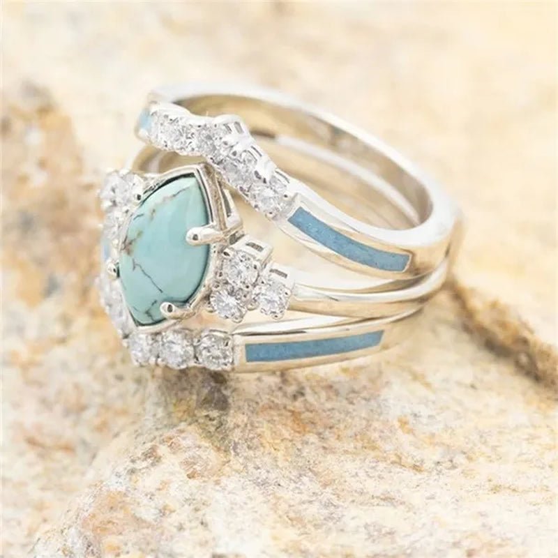 Newest 3Pcs/Set Women'S 18 K Gold Multilayer Hollow Turquoise Ring Band Exquisite Moissanite Engagement Wedding Rings Ethnic Anniversary Birthday Christmas Gift Jewelry - WORLD TIME VISITS