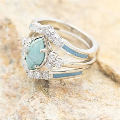 Newest 3Pcs/Set Women'S 18 K Gold Multilayer Hollow Turquoise Ring Band Exquisite Moissanite Engagement Wedding Rings Ethnic Anniversary Birthday Christmas Gift Jewelry - WORLD TIME VISITS