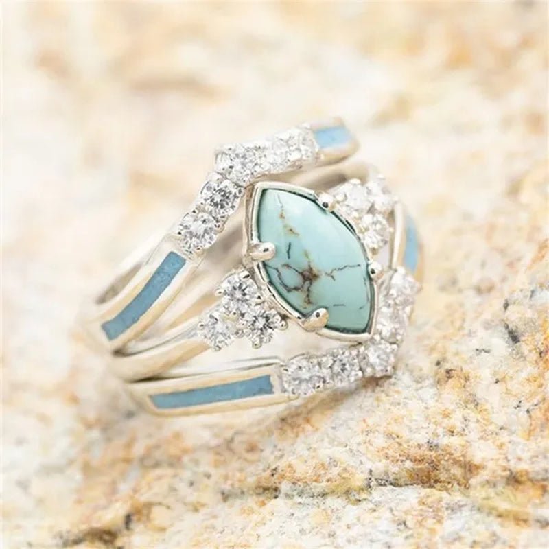Newest 3Pcs/Set Women'S 18 K Gold Multilayer Hollow Turquoise Ring Band Exquisite Moissanite Engagement Wedding Rings Ethnic Anniversary Birthday Christmas Gift Jewelry - WORLD TIME VISITS