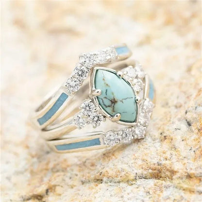 Newest 3Pcs/Set Women'S 18 K Gold Multilayer Hollow Turquoise Ring Band Exquisite Moissanite Engagement Wedding Rings Ethnic Anniversary Birthday Christmas Gift Jewelry - WORLD TIME VISITS