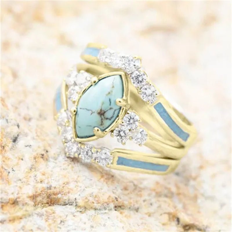 Newest 3Pcs/Set Women'S 18 K Gold Multilayer Hollow Turquoise Ring Band Exquisite Moissanite Engagement Wedding Rings Ethnic Anniversary Birthday Christmas Gift Jewelry - WORLD TIME VISITS