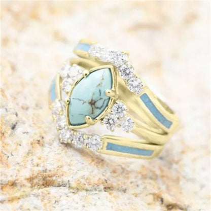 Newest 3Pcs/Set Women'S 18 K Gold Multilayer Hollow Turquoise Ring Band Exquisite Moissanite Engagement Wedding Rings Ethnic Anniversary Birthday Christmas Gift Jewelry - WORLD TIME VISITS