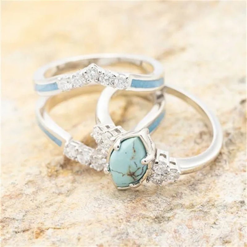 Newest 3Pcs/Set Women'S 18 K Gold Multilayer Hollow Turquoise Ring Band Exquisite Moissanite Engagement Wedding Rings Ethnic Anniversary Birthday Christmas Gift Jewelry - WORLD TIME VISITS