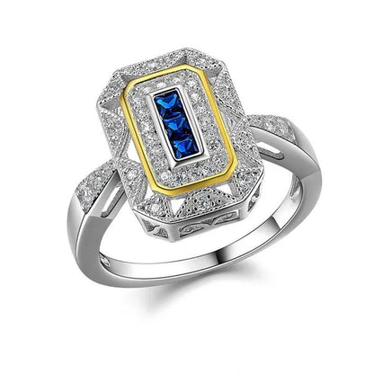 Princess Blue Sapphire White CZ 925 Sterling Silver Yellow Gemstone Ring Sz 5 - 10 - WORLD TIME VISITS
