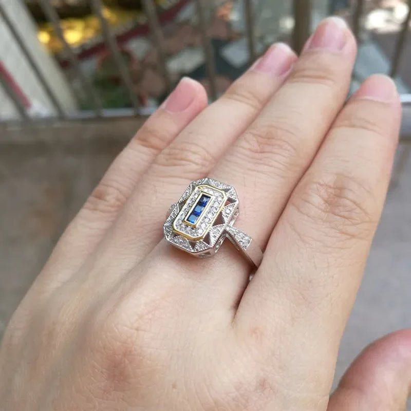 Princess Blue Sapphire White CZ 925 Sterling Silver Yellow Gemstone Ring Sz 5 - 10 - WORLD TIME VISITS