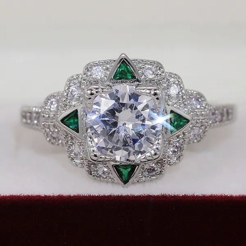 Retro Fashion Silver Plated Round Lab Diamond Vice Stone Moissanite Triangle Emerald Ring Women Daily Casual Personality Jewelry - WORLD TIME VISITS