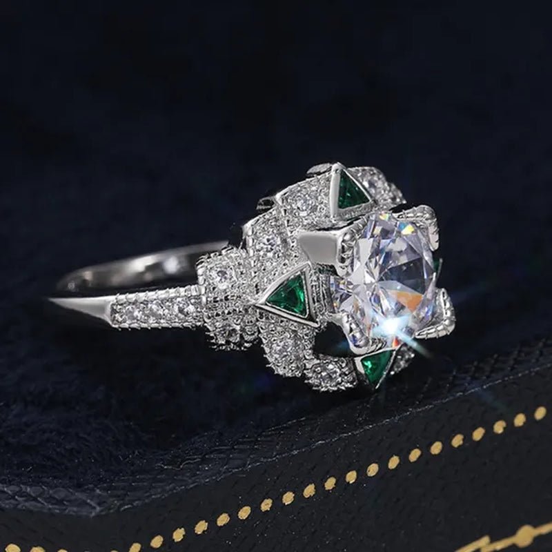 Retro Fashion Silver Plated Round Lab Diamond Vice Stone Moissanite Triangle Emerald Ring Women Daily Casual Personality Jewelry - WORLD TIME VISITS