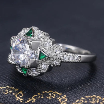 Retro Fashion Silver Plated Round Lab Diamond Vice Stone Moissanite Triangle Emerald Ring Women Daily Casual Personality Jewelry - WORLD TIME VISITS