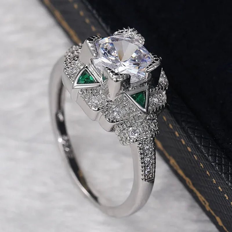 Retro Fashion Silver Plated Round Lab Diamond Vice Stone Moissanite Triangle Emerald Ring Women Daily Casual Personality Jewelry - WORLD TIME VISITS