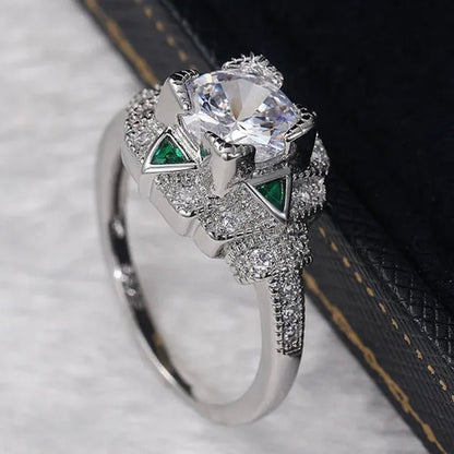 Retro Fashion Silver Plated Round Lab Diamond Vice Stone Moissanite Triangle Emerald Ring Women Daily Casual Personality Jewelry - WORLD TIME VISITS