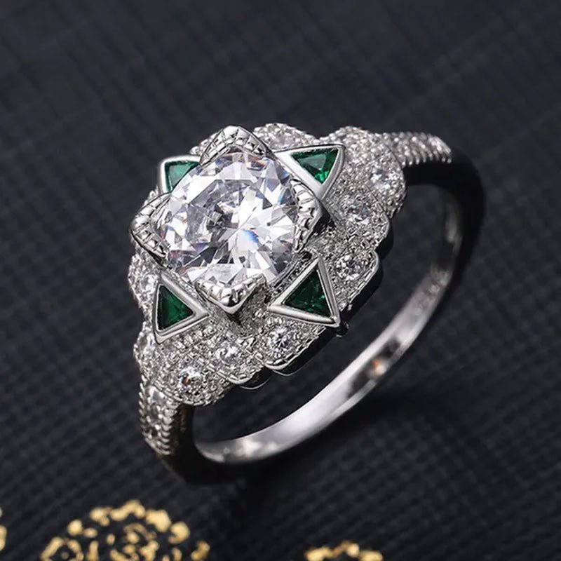 Retro Fashion Silver Plated Round Lab Diamond Vice Stone Moissanite Triangle Emerald Ring Women Daily Casual Personality Jewelry - WORLD TIME VISITS