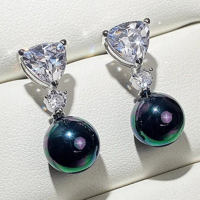 Retro Pearl Drop Earring 925 Sterling Silver 3 Prong Setting Triangle White Sapphire and Diamond Earring for Women Party Jewelry - WORLD TIME VISITS