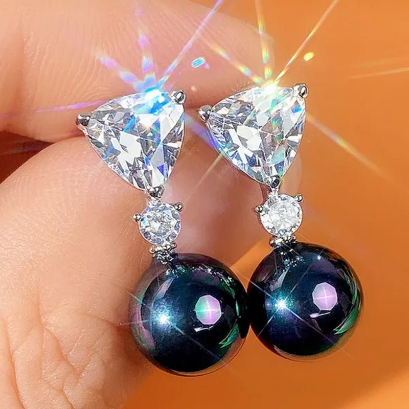 Retro Pearl Drop Earring 925 Sterling Silver 3 Prong Setting Triangle White Sapphire and Diamond Earring for Women Party Jewelry - WORLD TIME VISITS
