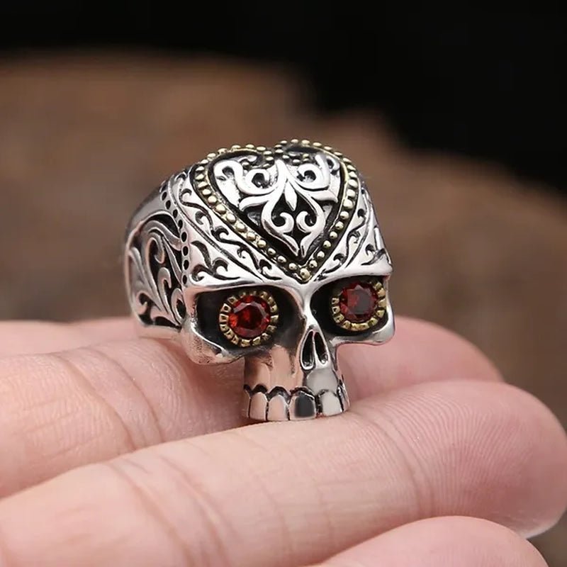 Retro Personality Silver & Gold Skull Ring Ruby Inlay Men's Punk Jewelry - WORLD TIME VISITS