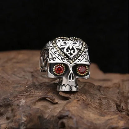 Retro Personality Silver & Gold Skull Ring Ruby Inlay Men's Punk Jewelry - WORLD TIME VISITS