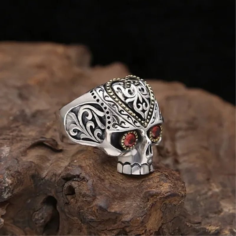 Retro Personality Silver & Gold Skull Ring Ruby Inlay Men's Punk Jewelry - WORLD TIME VISITS