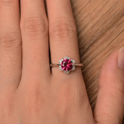 Ruby Ring Sterling Silver Wedding Engagement Ring Round Cut Red Gemstone Ring July Birthstone Sunflower Ring - WORLD TIME VISITS