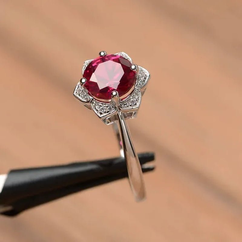 Ruby Ring Sterling Silver Wedding Engagement Ring Round Cut Red Gemstone Ring July Birthstone Sunflower Ring - WORLD TIME VISITS