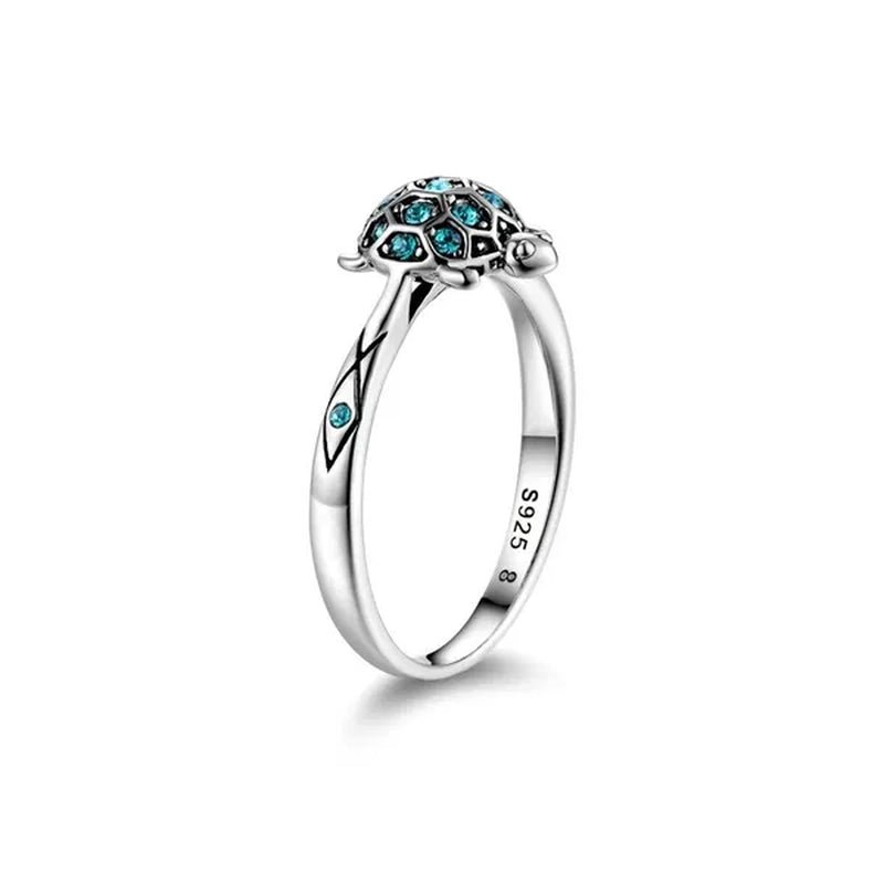 S925 Sterling Silver Lovely Turtle Sky Blue Clear Crystal Ring for Women's Jewelry Best Gift for - WORLD TIME VISITS