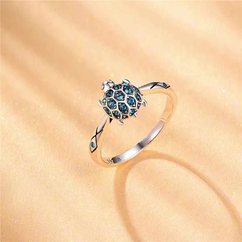 S925 Sterling Silver Lovely Turtle Sky Blue Clear Crystal Ring for Women's Jewelry Best Gift for - WORLD TIME VISITS