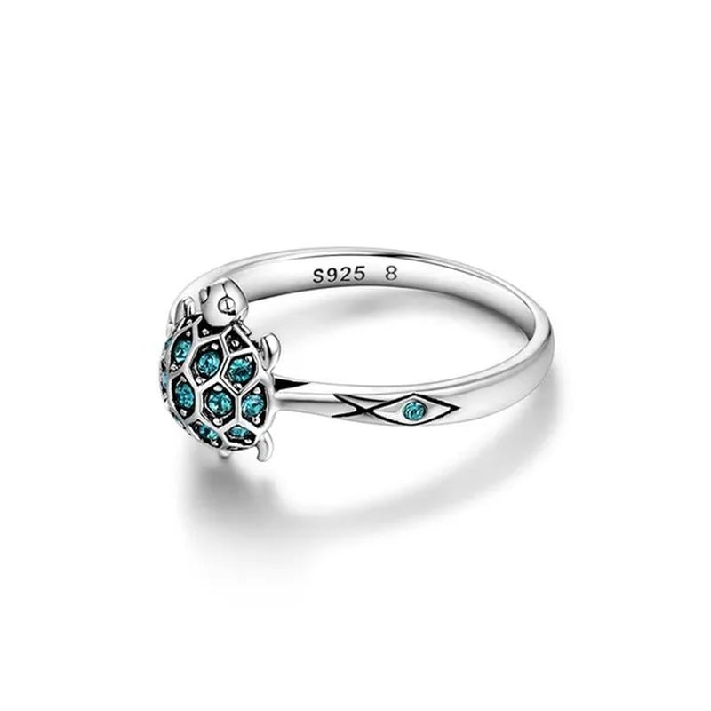 S925 Sterling Silver Lovely Turtle Sky Blue Clear Crystal Ring for Women's Jewelry Best Gift for - WORLD TIME VISITS