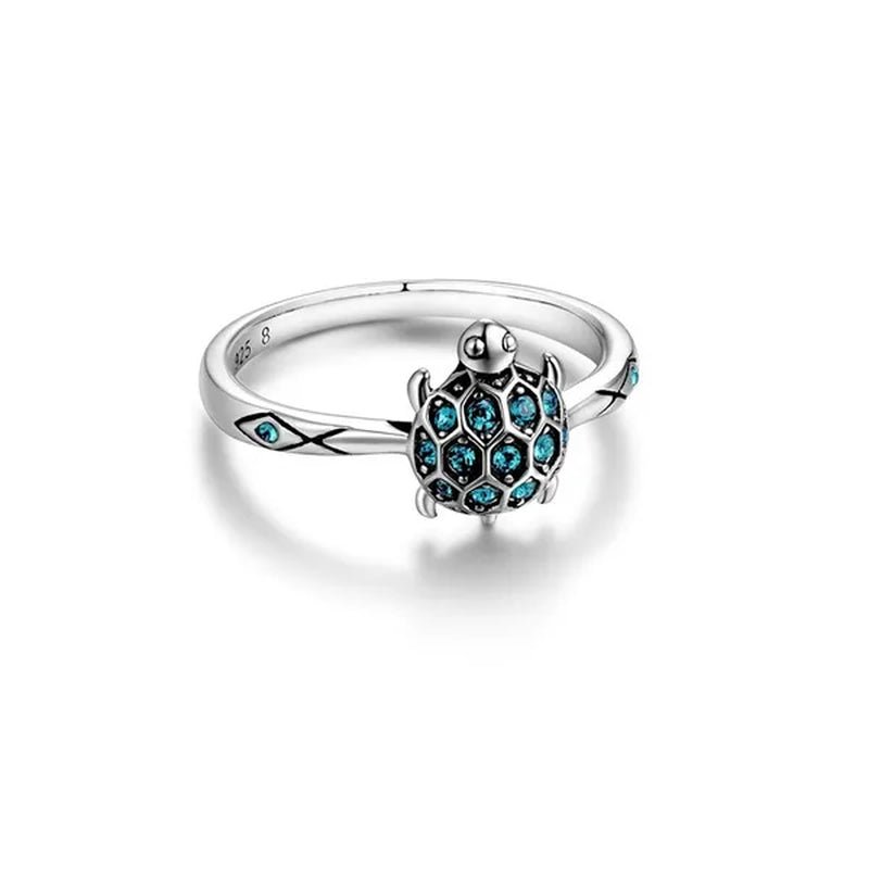 S925 Sterling Silver Lovely Turtle Sky Blue Clear Crystal Ring for Women's Jewelry Best Gift for - WORLD TIME VISITS