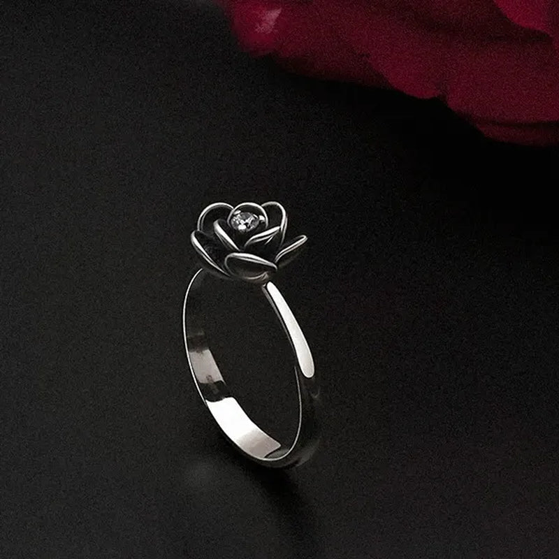 Simple Ladies Antique Silver Black Rose Flower Floral Ring for Women Female Wedding Engagement Party Jewelry Christmas Gift - WORLD TIME VISITS