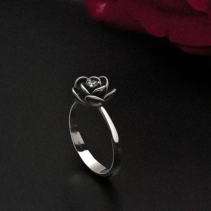 Simple Ladies Antique Silver Black Rose Flower Floral Ring for Women Female Wedding Engagement Party Jewelry Christmas Gift - WORLD TIME VISITS