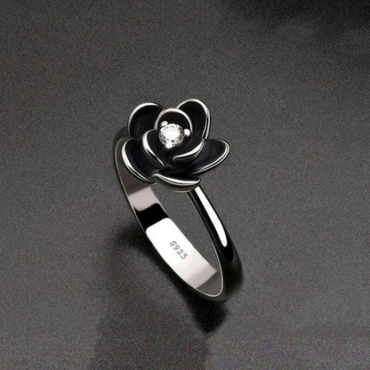 Simple Ladies Antique Silver Black Rose Flower Floral Ring for Women Female Wedding Engagement Party Jewelry Christmas Gift - WORLD TIME VISITS