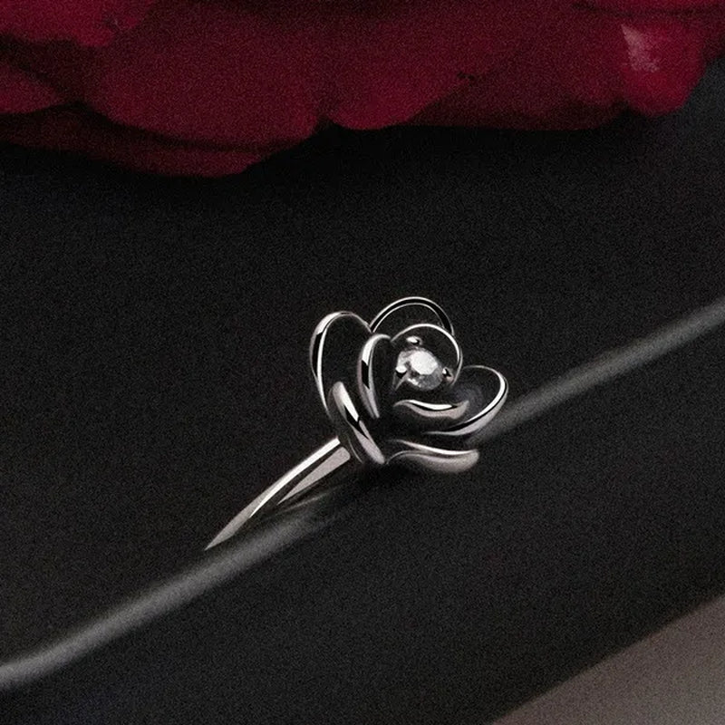Simple Ladies Antique Silver Black Rose Flower Floral Ring for Women Female Wedding Engagement Party Jewelry Christmas Gift - WORLD TIME VISITS