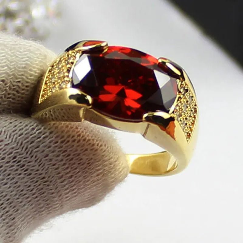 Size 5 - 11 Classic Men's Ruby CZ 18K Golden Plated Band Ring - WORLD TIME VISITS