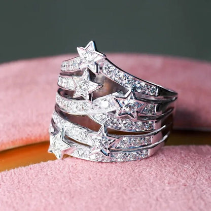 Sparkling 925 Sterling Silver Natural Gemstone White Sapphire Diamond Star Ring Bride Wedding Engagement Fine Jewelry - WORLD TIME VISITS
