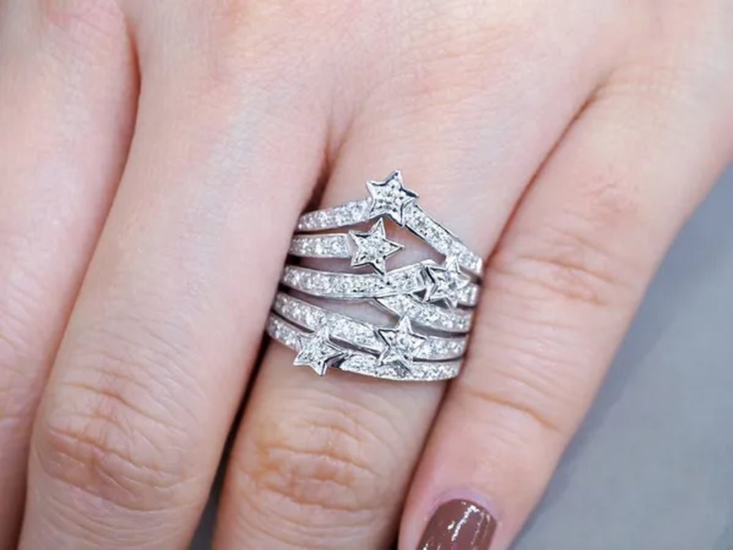 Sparkling 925 Sterling Silver Natural Gemstone White Sapphire Diamond Star Ring Bride Wedding Engagement Fine Jewelry - WORLD TIME VISITS