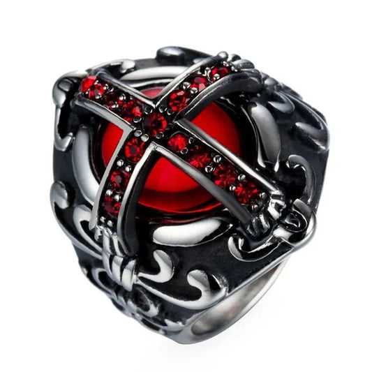 Stainless Steel Fashion Filled Diamond Men Vintage Cross Ruby Ring Jewelry - WORLD TIME VISITS
