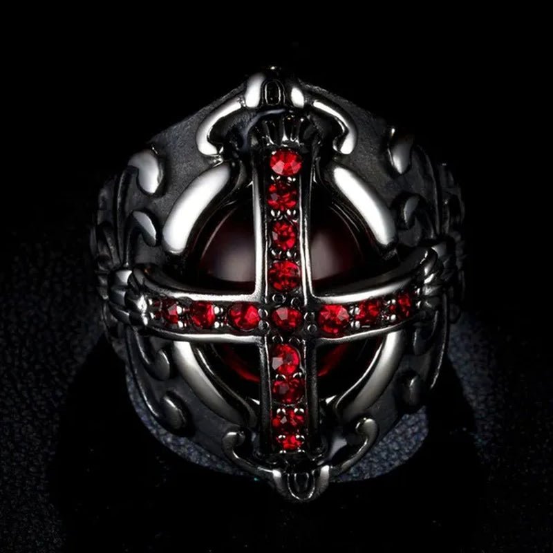 Stainless Steel Fashion Filled Diamond Men Vintage Cross Ruby Ring Jewelry - WORLD TIME VISITS