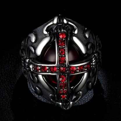 Stainless Steel Fashion Filled Diamond Men Vintage Cross Ruby Ring Jewelry - WORLD TIME VISITS