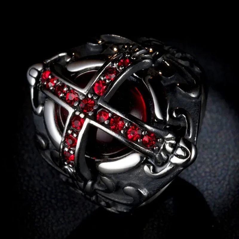 Stainless Steel Fashion Filled Diamond Men Vintage Cross Ruby Ring Jewelry - WORLD TIME VISITS