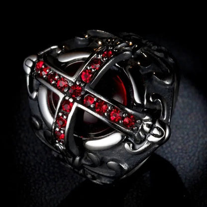 Stainless Steel Fashion Filled Diamond Men Vintage Cross Ruby Ring Jewelry - WORLD TIME VISITS