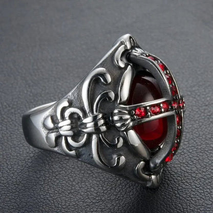 Stainless Steel Fashion Filled Diamond Men Vintage Cross Ruby Ring Jewelry - WORLD TIME VISITS