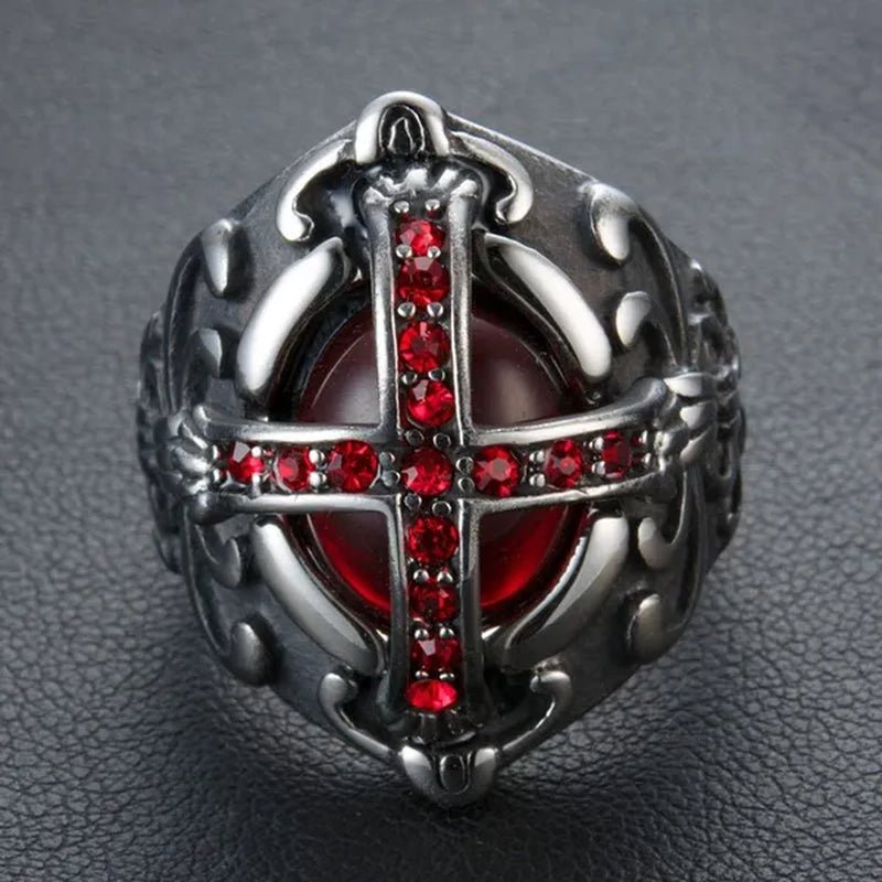 Stainless Steel Fashion Filled Diamond Men Vintage Cross Ruby Ring Jewelry - WORLD TIME VISITS