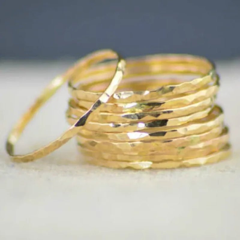Stylish ultra - thin 925 Sterling Silver Stackable Rings 14K Hammer Rring Size 6 - 10 - WORLD TIME VISITS