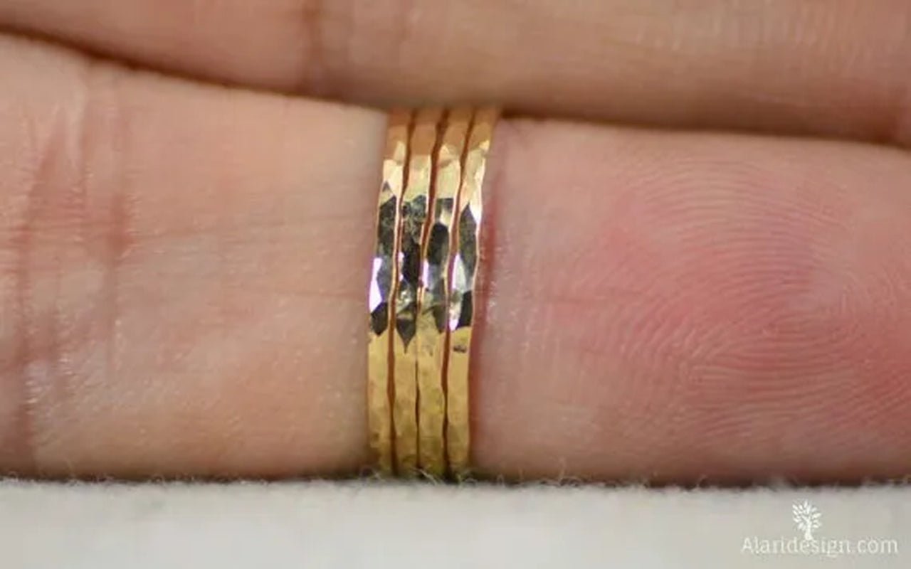 Stylish ultra - thin 925 Sterling Silver Stackable Rings 14K Hammer Rring Size 6 - 10 - WORLD TIME VISITS